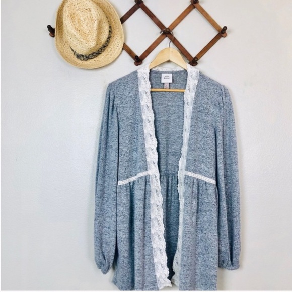 🏹 Boho Heather Grey & Cream Lacy Layering Kimono - Picture 3 of 13